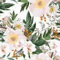Wide seamless floral background pattern. White peony flowers with orange christmas berries, branches with leaves on black backgrou Royalty Free Stock Photo