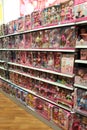 Wide selection of dolls for girls in children store. Inside toy shop