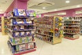 Wide selection of toys in children`s store. Inside toy shop of model cars Royalty Free Stock Photo