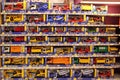 Wide selection of toys in children`s store. Inside toy shop of model cars Royalty Free Stock Photo