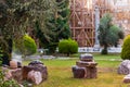 A wide shoot from a garden of church at ephesus - there many trees and green at photo