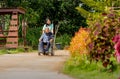 Wide shot of Asian nurse cart of shove senior man sit on wheelchair to walk along the walkway in the garden and they look Royalty Free Stock Photo