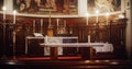 Wide Shot of a Beautifully Decorated Altar in a Grand Church. Candles, Flowers, Paintings and the