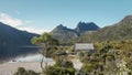 wide shot of the boat shed at dove lake in cradle mountain national park Royalty Free Stock Photo