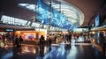 A wide shot of a busy airport with planes taking off and landing, and people rushing to catch the Royalty Free Stock Photo