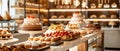 This wide shot features an array of gourmet cakes and pastries beautifully displayed on a sleek counter in a modern Royalty Free Stock Photo