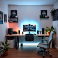 A wide shot of a gaming desk in a dedicated home office with gaming gear plants and ambient light