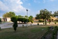 Wide shot of garden with so many trees and plants under blue cloudy sky background. nature and outdoor concept Royalty Free Stock Photo