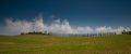 Wide shot of a green hill with trees and brown house in val d'orcia tuscany italy Royalty Free Stock Photo