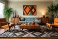 wide shot of a living room with teak furniture and geometric rug