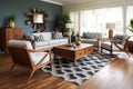 wide shot of a living room with teak furniture and geometric rug