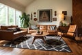 wide shot of a living room with teak furniture and geometric rug
