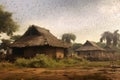 wide shot of locust swarm over african village