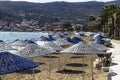 Wide shot of multiple sun shadings on the coastline at summertime Royalty Free Stock Photo