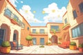 a wide shot of a spanish revival homes courtyard from a low angle, magazine style illustration