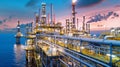 Oil gas industry complex twilight. Industrial night lights. Energy, oil refining, petrochemical Royalty Free Stock Photo