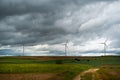 Wide Shot Of Sustainable Wind Turbines or Windmills At A Farm field In Valdorros In Castile and Leon, Burgos, Spain. Cloudy epic