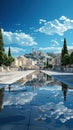 A wide shot of Syntagma Square, with the Greek Parliament building in the background. Created with Generative AI