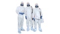 Three disinfectors walk in holding the disinfectant in their hands on white background.