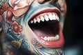 Wide smile with pointed teeth of a young man with tattoos on his face Royalty Free Stock Photo