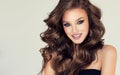 Wide smile and tender look of young brown haired woman with voluminous, shiny hair. Perfect makeup and trendy hairstyle.