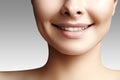 Wide smile of young beautiful woman, perfect healthy white teeth. Dental whitening, ortodont, care tooth and wellness Royalty Free Stock Photo
