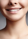 Wide smile of young beautiful woman, perfect healthy white teeth. Dental whitening, ortodont, care tooth and wellness