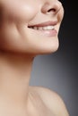 Wide smile of young beautiful woman, perfect healthy white teeth. Dental whitening, ortodont, care tooth and wellness