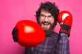 Wide smiling man is giving camera a punch with boxing glove Royalty Free Stock Photo