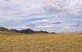 Wide steppe with yellow grass under a blue sky with white clouds Sayan mountains Siberia Russia Royalty Free Stock Photo