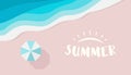 Wide summer poster template with text or logo place. Top view of azure sea, beach umbrella and pink sand. Resort and Royalty Free Stock Photo