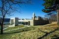 Wide three quarter view to the entrance of the Hudson River Museum, an art museum, as well it has