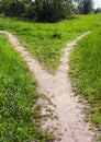 The wide trodden path in the grass splits into two narrow paths