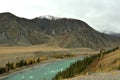 A wide turquoise river in a stormy stream crosses a beautiful autumn valley surrounded by snow-capped mountain peaks Royalty Free Stock Photo