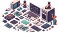 A wide variety of computer hardware components, including laptops, desktops, and peripherals, are arranged in an isometric view. Royalty Free Stock Photo