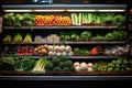 A wide variety of fresh fruits and vegetables beautifully arranged in a grocery store display, A vibrant display of organic