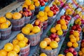 Wide variety of homegrown fruits on wooden basket and shelves at roadside market stand in Santa Rosa, Destin, Florid, fresh picked Royalty Free Stock Photo