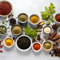 Wide variety spices and herbs on background Royalty Free Stock Photo