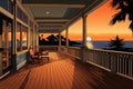wide veranda of a shingle-style beach house at sunset, magazine style illustration Royalty Free Stock Photo