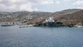 Wide view agia irini church in ormos harboron the island of ios, greece