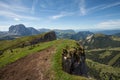 Wide view of an alpine valley among the Dolomites in Val Gardena Sassolungo mount in the background