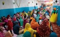 Indian sikh women seen inside their temple during Baisakhi celebration in Mallorca wide view