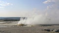 Wide view of clepsydra geyser erupting in yellowstone