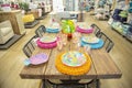 Wide view of a colorful summer table