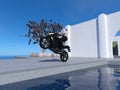 3d Illustration of an alien doing a wheelie on a motorcycle next to a pool wide view