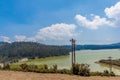 Wide view of emerald lake with beautiful sky, tress in the background, Ooty, India, 19 Aug 2016