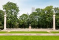 Wide view of exedra with Bronze statue of Abraham Lincoln in Grant Park in Chicago, Illinois