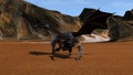 Wide view illustration of a flying dragon attacking a gray alien