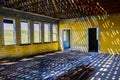 Wide view of interior of abandoned schoolhouse Royalty Free Stock Photo