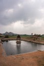 Wide view on Krishna Tank with shrine, Hampi, Karnataka, India